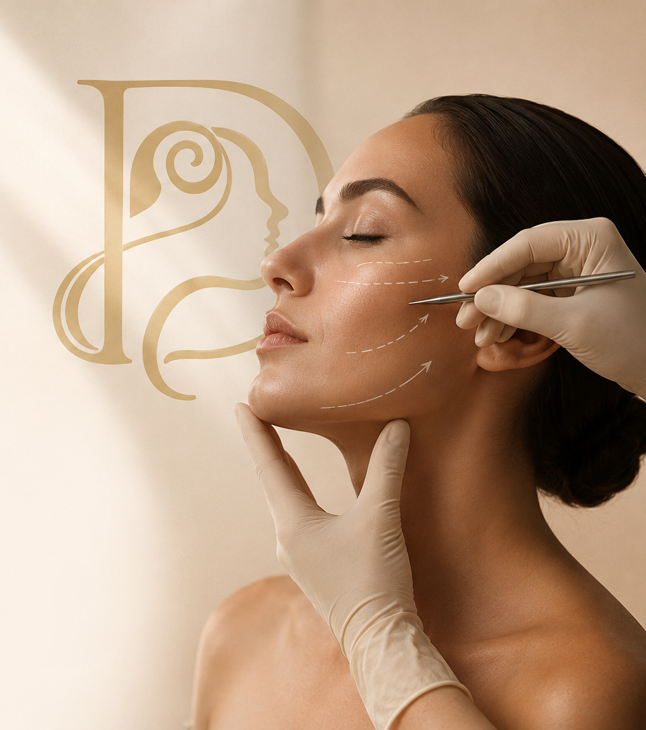 Facial aesthetic treatment — precision surgical planning with logo mark